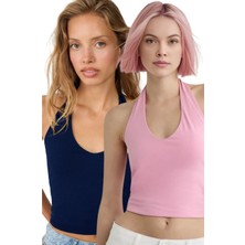 Vodens Kadın Lacivert Pembe 2'li Halter Yaka Crop Top Body