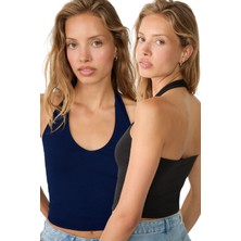 Kadın Lacivert Siyah 2'li Halter Yaka Crop Top Body