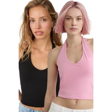 Vodens Kadın Siyah Pembe 2'li Halter Yaka Crop Top Body