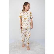 Isob Ekru Kelebek Desenli %100 Pamuk Kız Çocuk Kısa Kollu Pijama Takımı 3-8 Yaş 21208-E