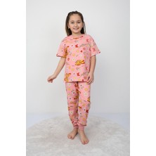 Isob Pembe Kelebek Desenli %100 Pamuk Kız Çocuk Kısa Kollu Pijama Takımı 3-8 Yaş 21208-P