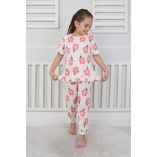 Isob Ekru Çiçek Desenli %100 Pamuk Kız Çocuk Kısa Kollu Pijama Takımı 3-8 Yaş 21207-E