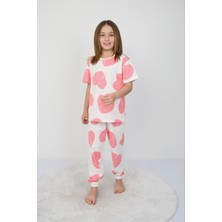 Isob Pembe Kalp Desenli %100 Pamuk Kız Çocuk Kısa Kollu Pijama Takımı 3-8 Yaş 41202-P