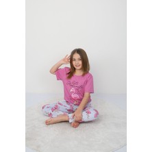 Isob Fuşyamavi Flamingo Desenli %100 Pamuk Kız Çocuk Kısa Kollu Pijama Takımı 3-8 Yaş 41205-FM