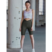 Lismina Haki Yeşil Çapraz Bel Tasarımlı Biker Tayt ( Bisikletçi Taytı )