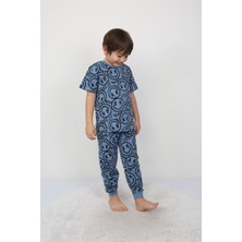 Isob Mavi Gülen Surat Desenli %100 Pamuk Erkek Çocuk Kısa Kollu Pijama Takımı 8-13 Yaş 41503-M