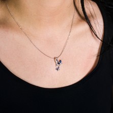 Silver Amber Mavi Çift Kelebek Gümüş Kolye