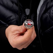Takı925 Kırmızı Zirkon Taşlı 925 Ayar Gümüş Erkek Yüzük