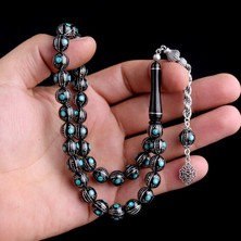 Takı925 Erzurum Oltu Taşı Üzerine Firuze Işleme 925 Ayar Gümüş Püsküllü Tesbih