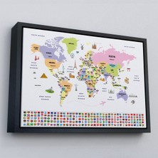 Marsilyan Çerçeveli Türkçe Dünya Haritası Ülke Bayrak ve Başkentli Kanvas TABLO-1924