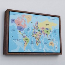 Marsilyan Çerçeveli Türkçe Dünya Haritası Ülke Başkentli ve Okyanuslu Dekoratif Kanvas TABLO-2232