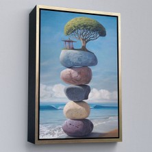Marsilyan Çerçeveli Sahilde Renkli Denge Taşları Kanvas Tablo, Terapi, Meditasyon, Yoga BASKISI-5322