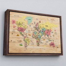 Marsilyan Çerçeveli Ahşap Görünümlü Türkçe Dünya Haritası Sembollü Eğitici Kanvas TABLO-2935