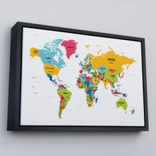 Marsilyan Çerçeveli Dünya Haritası Dekoratif Kanvas Tablo Ülke ve BAŞKENTLI-1543