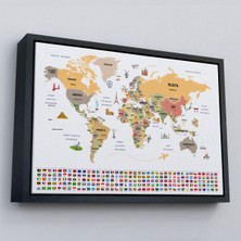 Marsilyan Çerçeveli Türkçe Dünya Haritası Ülke Bayrak ve Başkentli Kanvas TABLO-1934