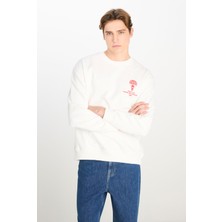Loose Fit Rahat Kesim Bisiklet Yaka Beyaz Sweatshirt