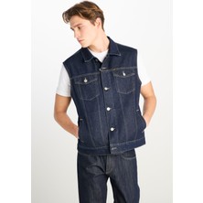%100 Pamuk Relaxed Fit Geniş Kesim Lacivert Denim Yelek
