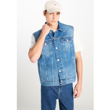 %100 Pamuk Relaxed Fit Geniş Kesim Cep Detaylı Mavi Denim Yelek