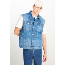 %100 Pamuk Relaxed Fit Geniş Kesim Cep Detaylı Mavi Denim Yelek