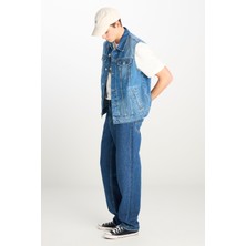 %100 Pamuk Relaxed Fit Geniş Kesim Cep Detaylı Mavi Denim Yelek