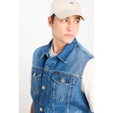 %100 Pamuk Relaxed Fit Geniş Kesim Cep Detaylı Mavi Denim Yelek