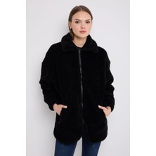 Montland Kadın Siyah Peluş Rüzgar Geçirmez Welsoft Çift Cepli Kışlık Mont Kaban Ml-Fmk-10 Peluş