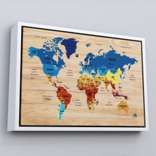 Marsilyan Çerçeveli Ahşap Görünümlü Türkçe Dünya Haritası Ülke Başkentli Kanvas TABLO-1820