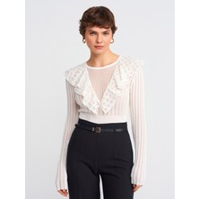 Dilvin 10717 Bisiklet Yaka Dantel Fırfırlı Triko Kazak-Ekru