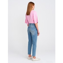 71779 Lazer Yıkama Likralı Denim Mom Pantolon-Mavi