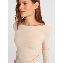 31401 Büzgülü Kayık Yaka Top-Taş