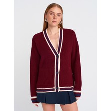 Dilvin 60966 V Yaka Çizgili Düğmeli Selanik Triko Hırka-Bordo