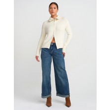 Dilvin 71743 Paçası Kıvrık Geniş Kesim Denim Pantolon-Mavi