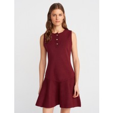 90244 Bisiklet Yaka Düğmeli Volanlı Triko Elbise-Bordo M.