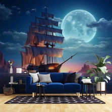 Gece Ay Deniz Korsan Gemisi Manzaralı Duvar Kağıdı