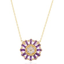 Corlu Jewellery Kadın Kolye, Baguette Kesim Zirconia Amethyst Kolye, Ametist Kolye, Baget Taşlı Kolye,18 Ayar Altın Kaplama Kolye, 925 Ayar Gümüş Kolye