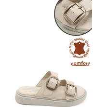Kadın Bej Tokalı Dolgu Taban Hakiki Deri Comfort Terlik