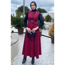 Julude Kadın Kemer ve Broş Detaylı Yelek Etek Tesettür Ikili Takım