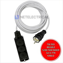 Netelectrical  Kauçuk 3'lü Topraklı Grup Priz Uzatma Kablosu 35 Metre  3x1.5 mm² Ttr Beyaz Kablolu