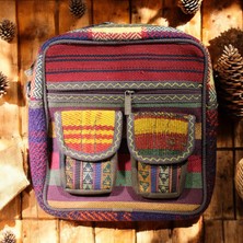 DEHNA El Dokuma Kilim Desenli Omuz Çantası – Eşsiz ve Şık Tasarım Çift Cep (En: 25CM, Boy: 25CM, Genişlik: 7cm)