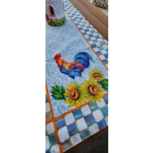 Another Style Taş Baskılı Parlak Horoz Desenli Runner ve Kırlent Kılıfı Takımı