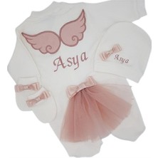 Atölye Müge Melek Kanatlı Kız Bebek Hastane Çıkışı 3 Lü Set Koyu Pudra