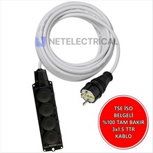Netelectrical  Kauçuk 4'lü Topraklı Grup Priz Uzatma Kablosu 20 Metre  3x1.5 mm² Ttr Beyaz Kablolu
