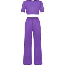 Sırt Dekolte Mor Crop Top-Pantolon Takım