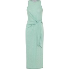 Bağlamalı Yırtmaçlı Lurex Su Yeşili Uzun Elbise