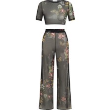 Sırt Dekolteli Yeşil Desenli Crop Top-Pantolon Takım