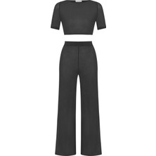 Sırt Dekolteli Siyah Tül Crop Top-Pantolon Takım