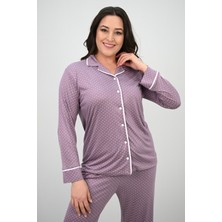 Koza Butik Kadın Büyük Beden Uzun Kollu Önden Düğmeli Pijama Takımı 4234-25