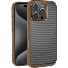 ZORE Apple iPhone 16 Pro Kılıf Karbon Fiber Görünümlü Parlak Kamera Çerçeveli Venus Kapak-Rose Brown