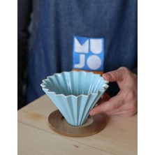 Mujo Coffee V60 Ahşap Standlı  Origami Dripper-Mavi