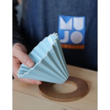 Mujo Coffee V60 Ahşap Standlı  Origami Dripper-Mavi
